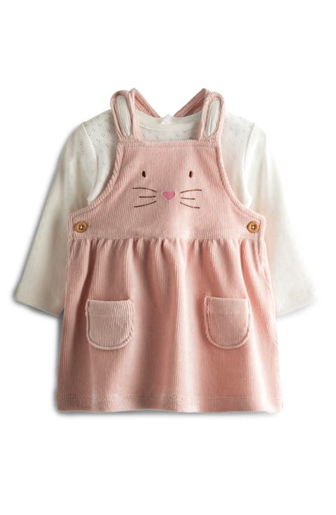Long Sleeve Pointelle Knit Bodysuit & Bunny Corduroy Pinafore Dress Set (Baby)