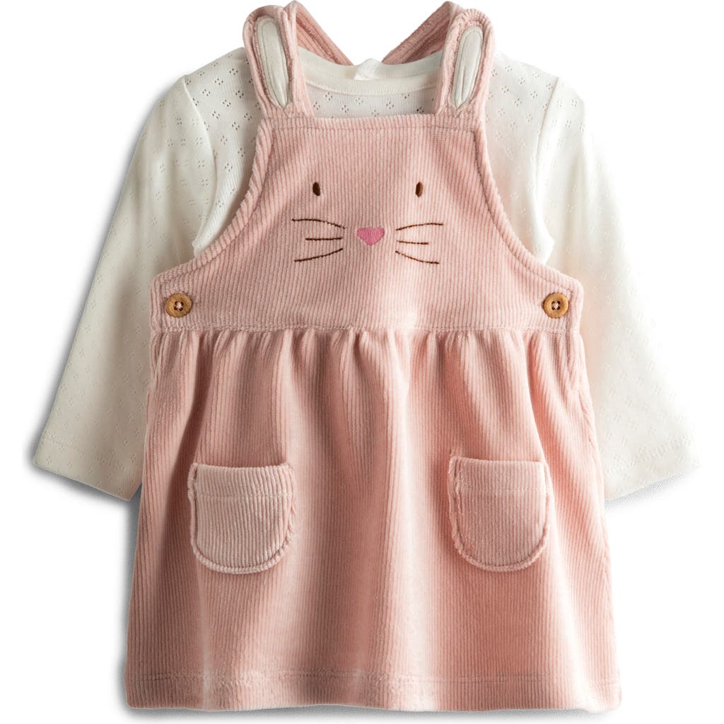Jojo Maman Bébé Babies' Jojo Maman Bebe Long Sleeve Pointelle Knit Bodysuit & Bunny Corduroy Pinafore Dress Set In Pink
