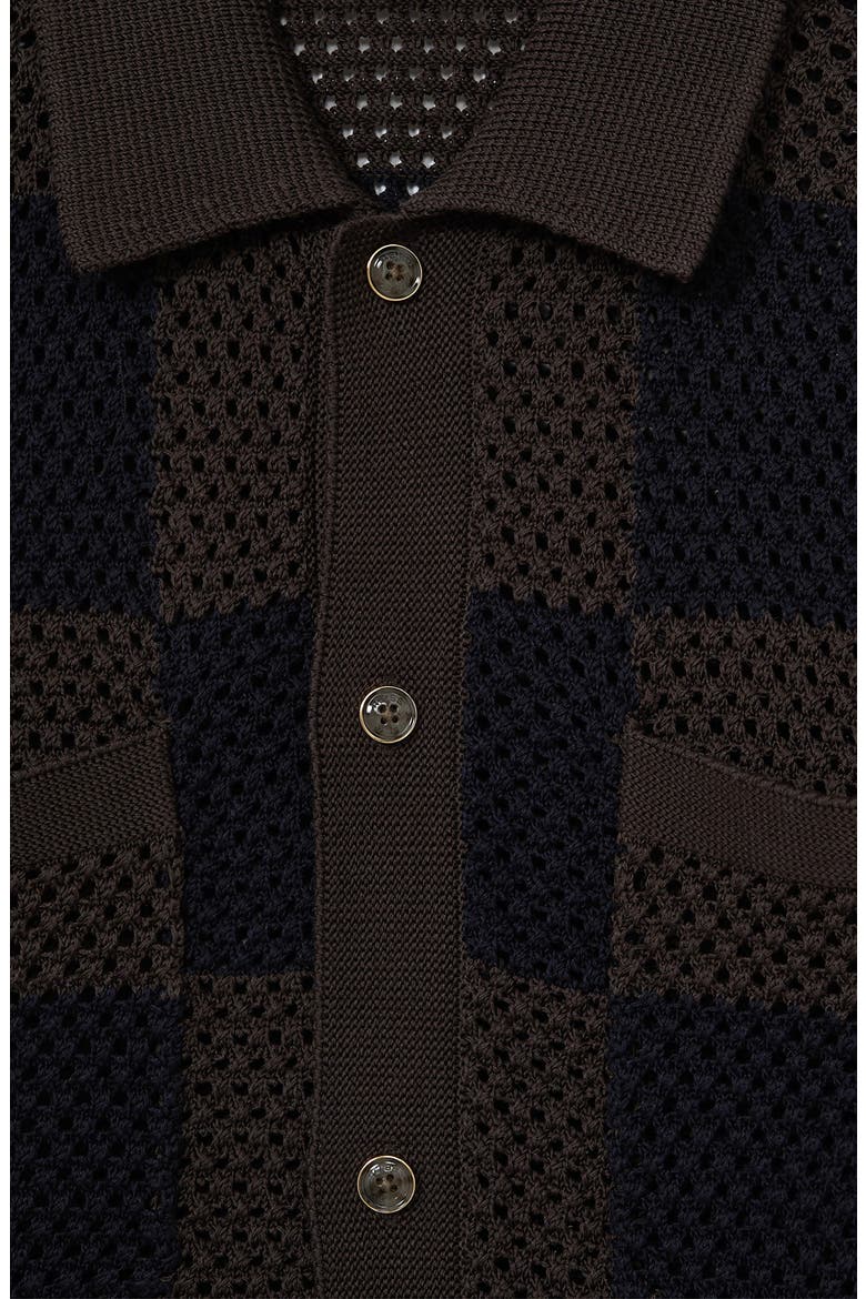 Alfred Open Knit Short Sleeve Button-Up Shirt, Alternate, color, CHOCOLATE/ NAVY
