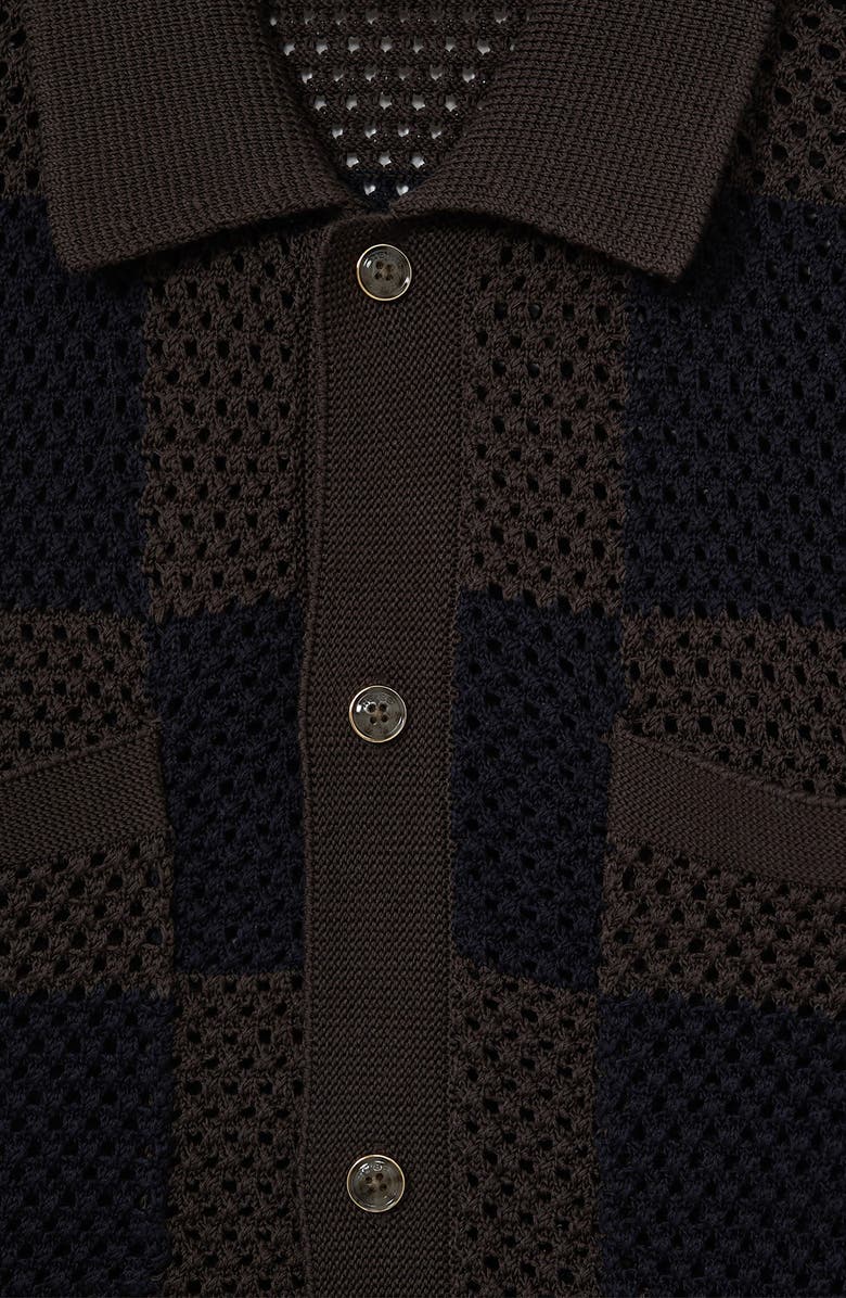 Reiss Alfred Open Knit Short Sleeve Button-Up Shirt, Alternate, color, Chocolate/ Navy
