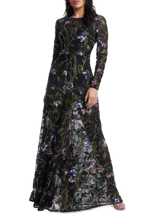 Ava Sequin Floral Long Sleeve A-Line Gown