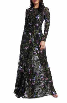 Dress the Population Ava Sequin Floral Long Sleeve A-Line Gown