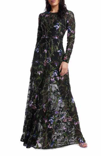 Dress the Population Ava Sequin Floral Long Sleeve A-Line Gown