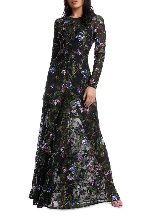 Dress the Population Ava Sequin Floral Long Sleeve A-Line Gown in Black Multi 