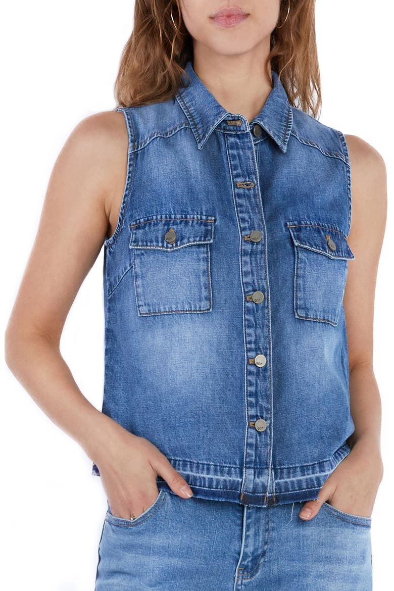 Clara Sleeveless Denim Button-Up Shirt, Main, color, POST BLUE