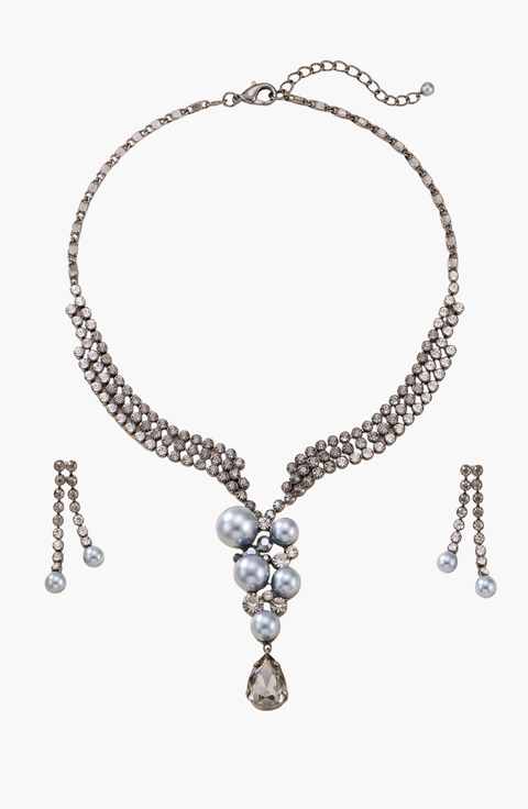 Pearl Crystal Trickling Necklace and Earring Set