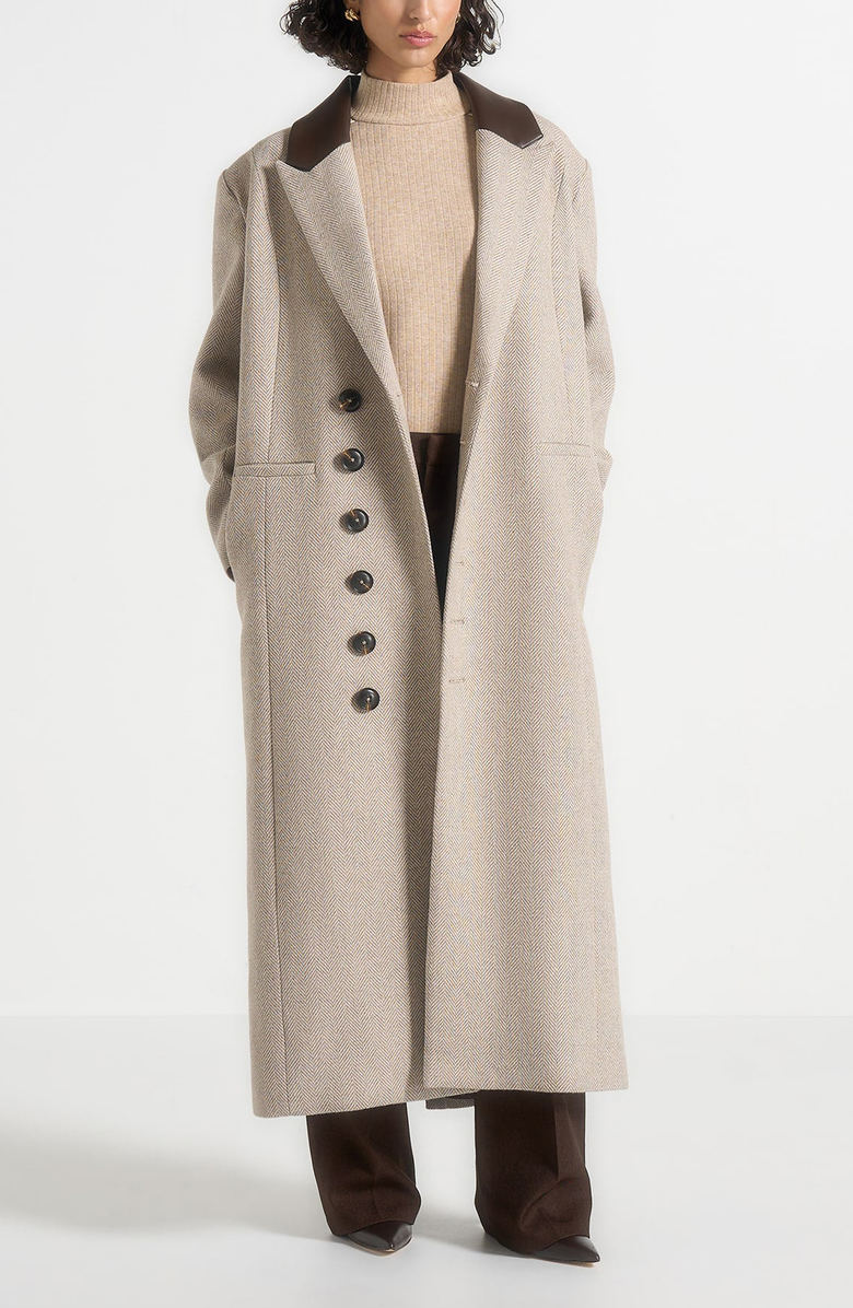 Manière De Voir Anissa Herringbone Wool Oversized Coat with Leather Belt, Alternate, color, Beige