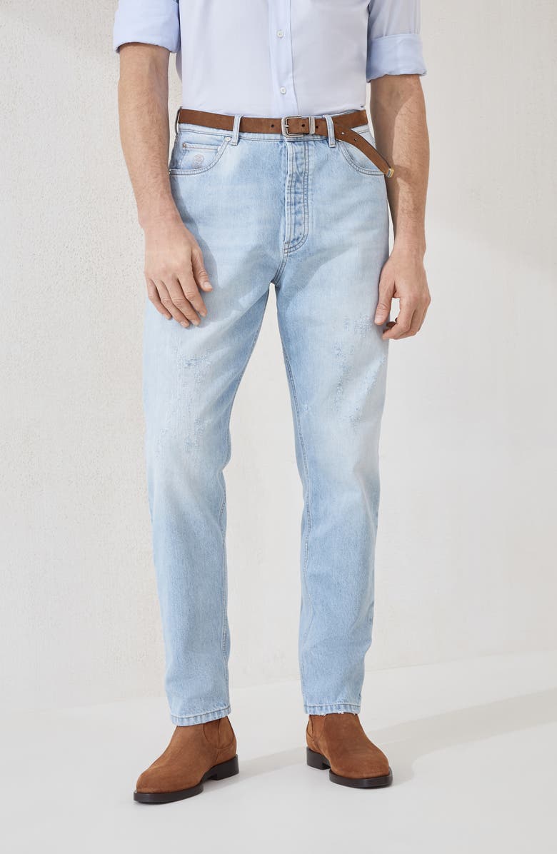 Brunello Cucinelli Denim trousers with rips, Alternate, color, Light Blue Denim