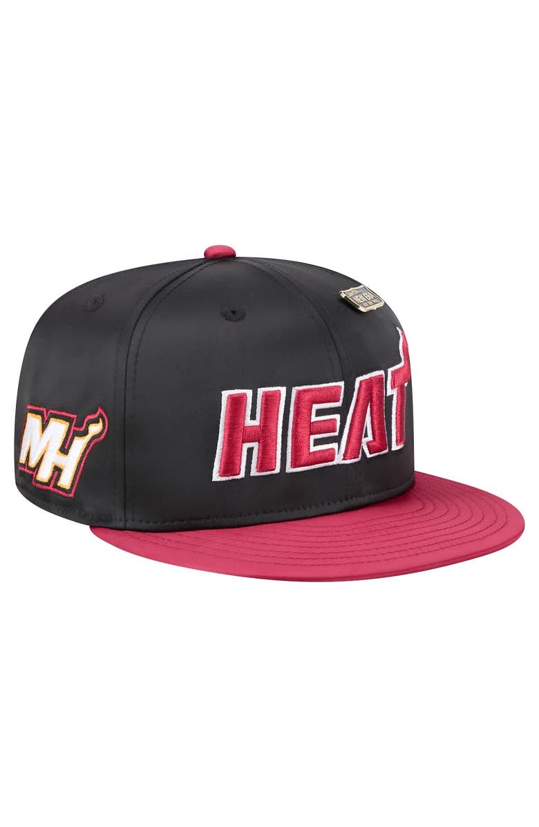 New Era Men's New Era  Black/Red Miami Heat Throwback Satin Vintage Pin Two-Tone 59FIFTY Fitted Hat, Alternate, color, Black