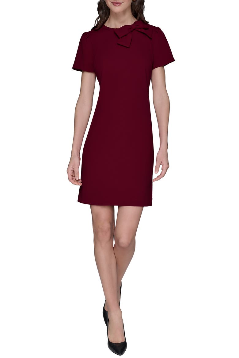 Bow Accent Scuba Crepe Sheath Dress, Main, color, PORT