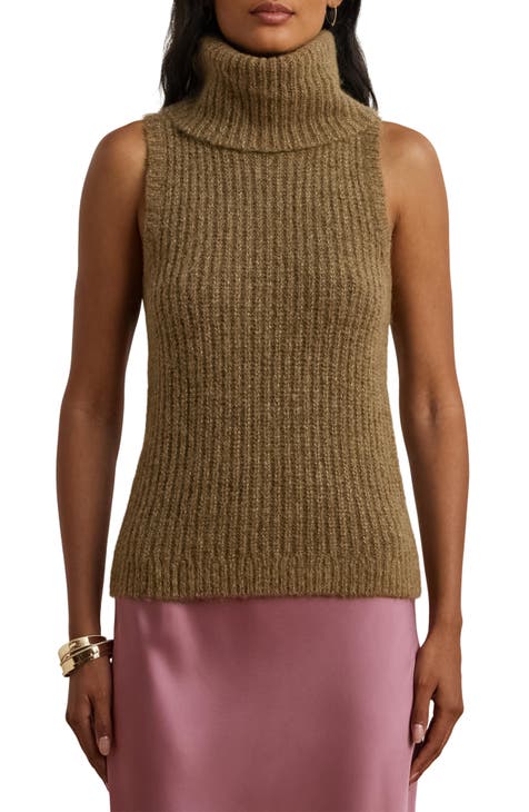 Metallic Foil Turtleneck Sleeveless Knit Sweater in Green main image 1
