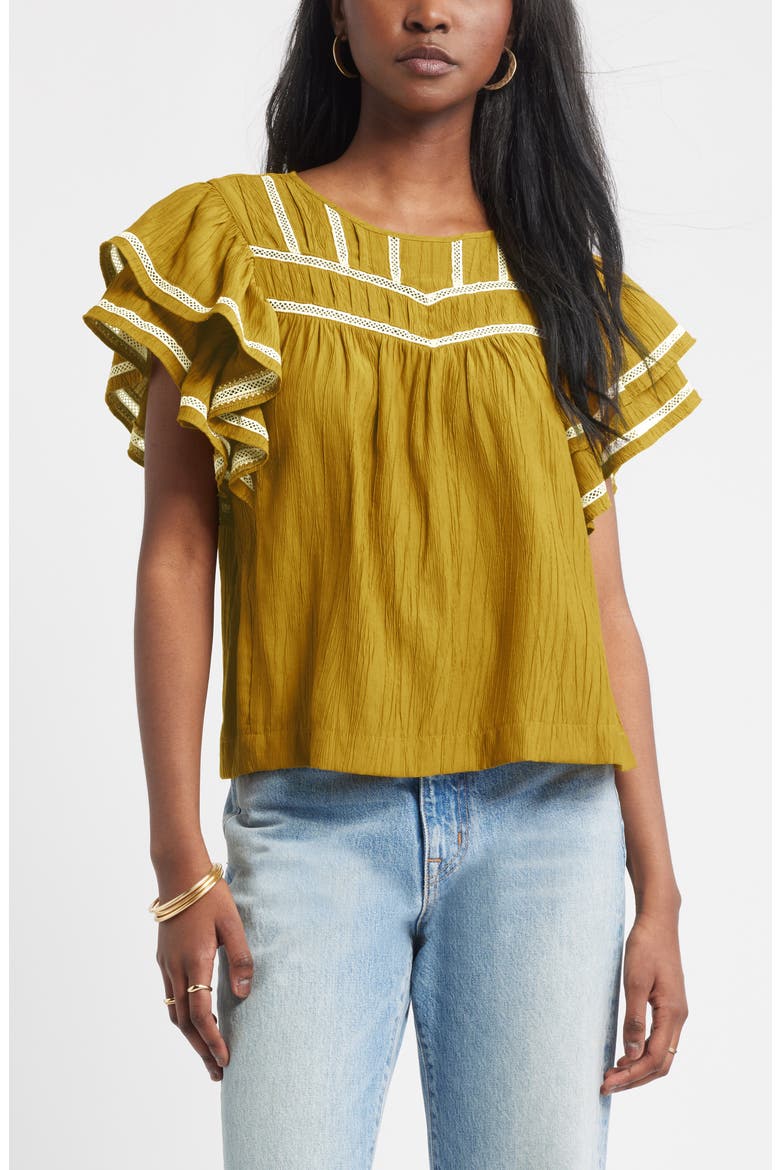 Double Ruffle Sleeve Top, Main, color, OLIVE OIL