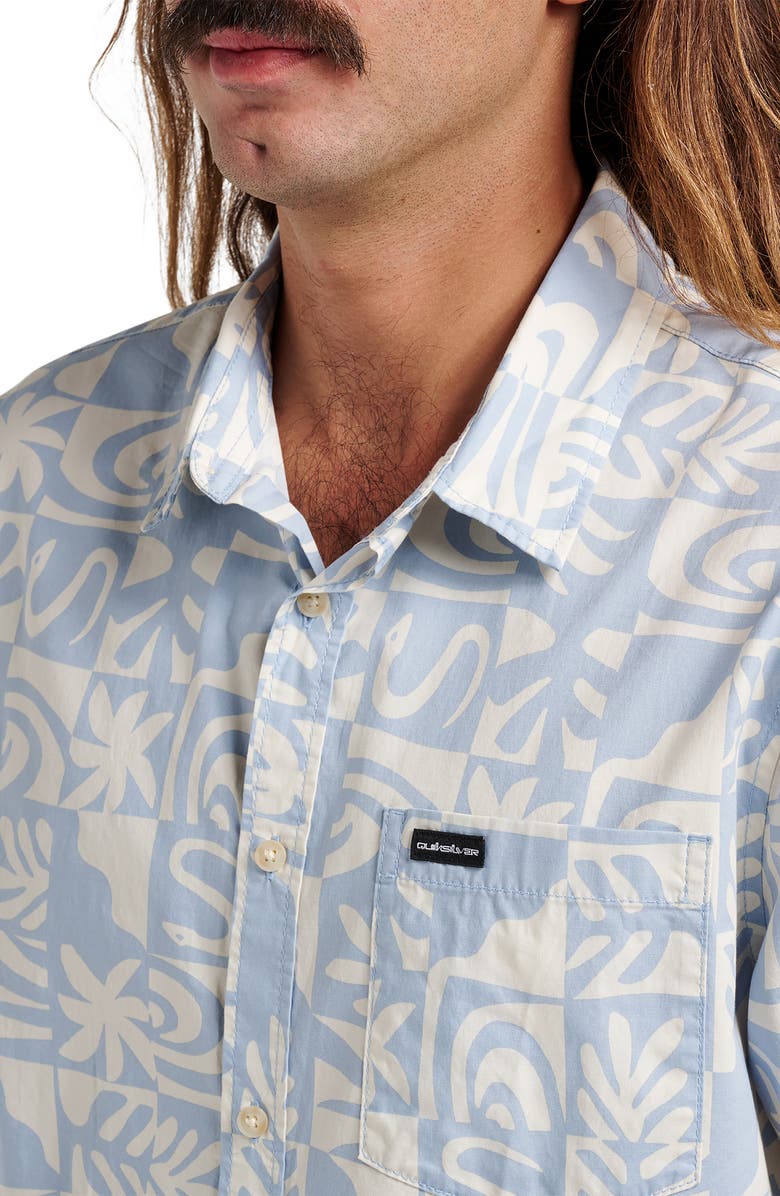 Quiksilver Terra Classic Abstract Print Short Sleeve Stretch Cotton Button-Up Shirt, Alternate, color, Ashley Blue