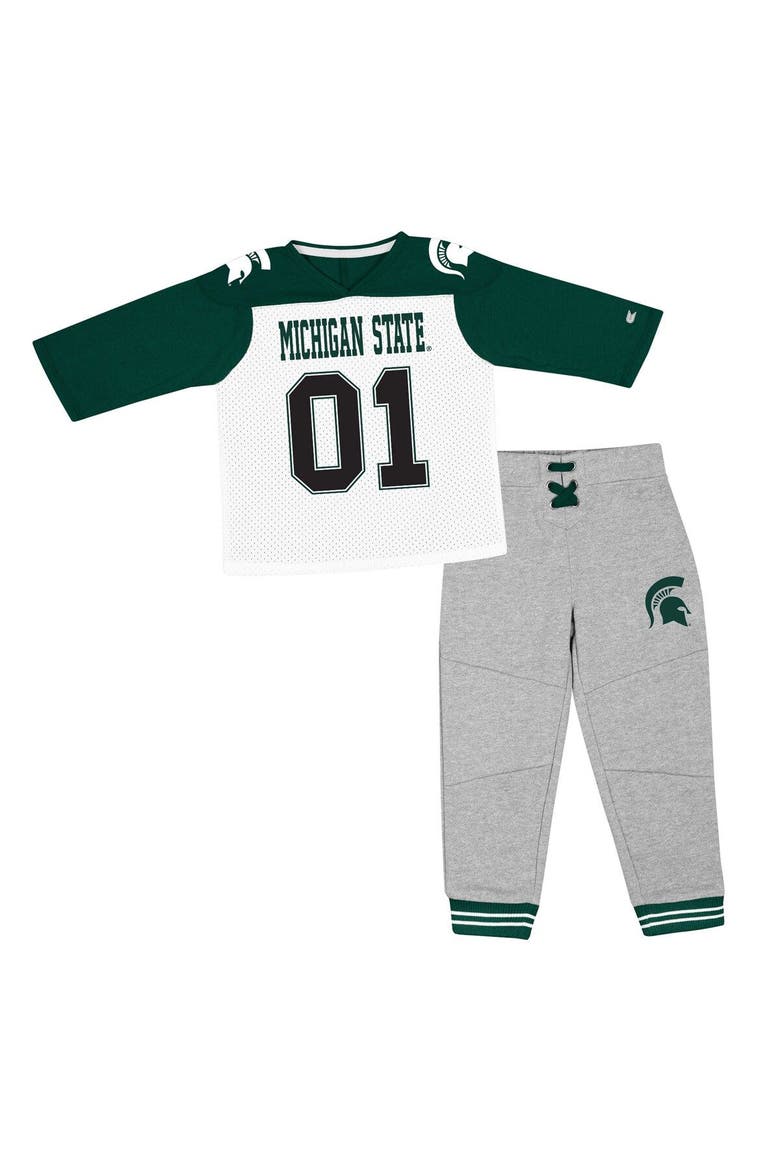 Toddler Colosseum Green/Heather Gray Michigan State Spartans Jingtinglers Football V-Neck Jersey T-Shirt & Pants Set, Main, color, Green