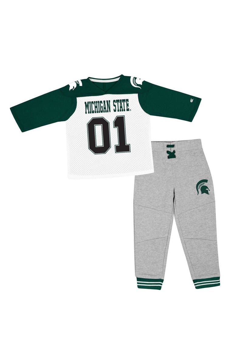 COLOSSEUM Toddler Colosseum Green/Heather Gray Michigan State Spartans Jingtinglers Football V-Neck Jersey T-Shirt & Pants Set, Main, color,