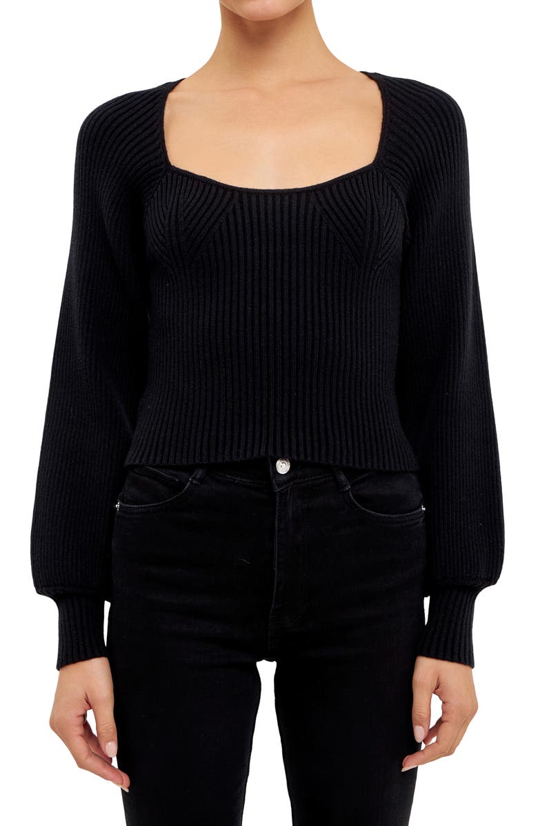 Endless Rose Ribbed Bishop Sleeve Top, Alternate, color, Black