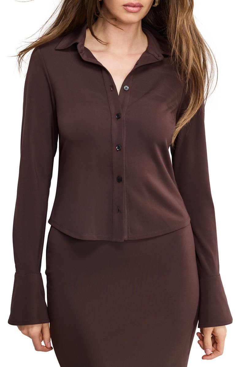 Good American Flare Cuff Jersey Matte Button-Up Shirt, Main, color, Bark003