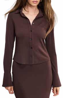 Good American Flare Cuff Jersey Matte Button-Up Shirt