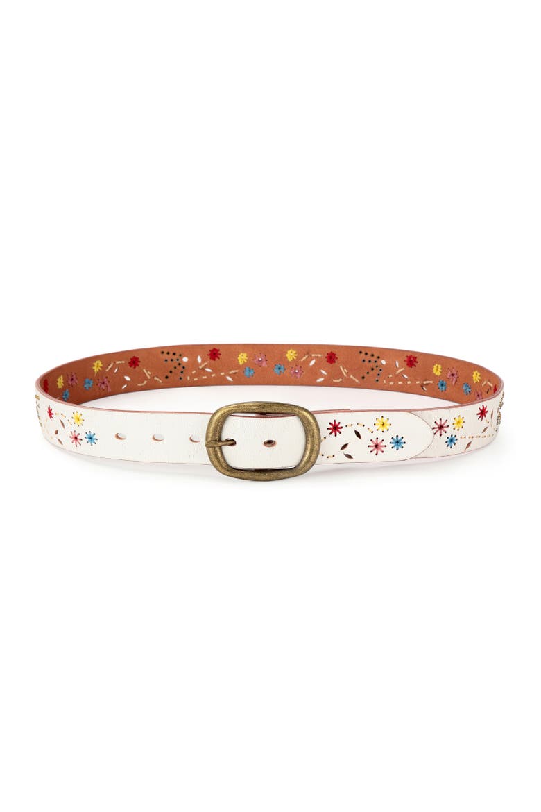 Blossom Genuine Leather Hand Stitched Colorful Detail Belt, Alternate, color, White