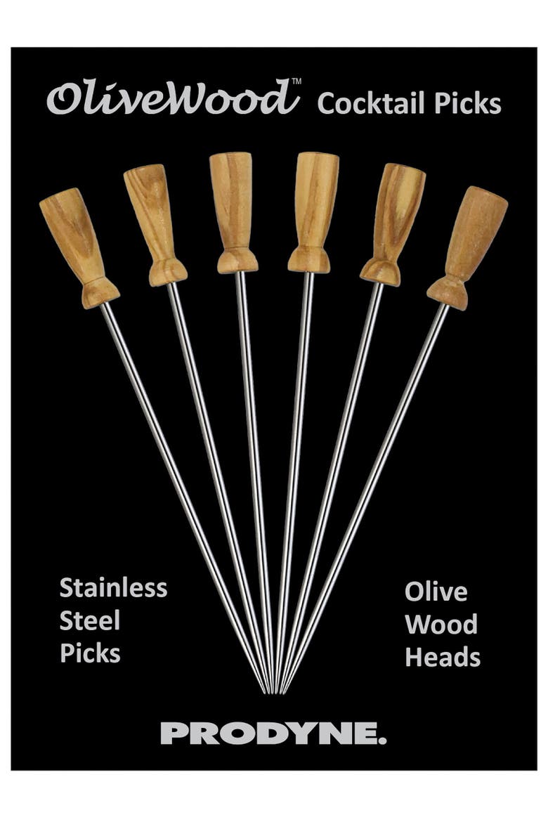 Olivewood Stainless Steel Cocktail Picks, Set of 6, Alternate, color, Brown