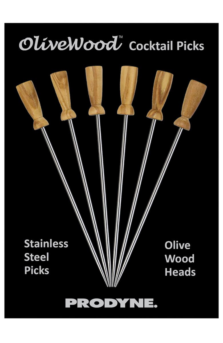 PRODYNE Olivewood Stainless Steel Cocktail Picks, Set of 6, Alternate, color, Brown