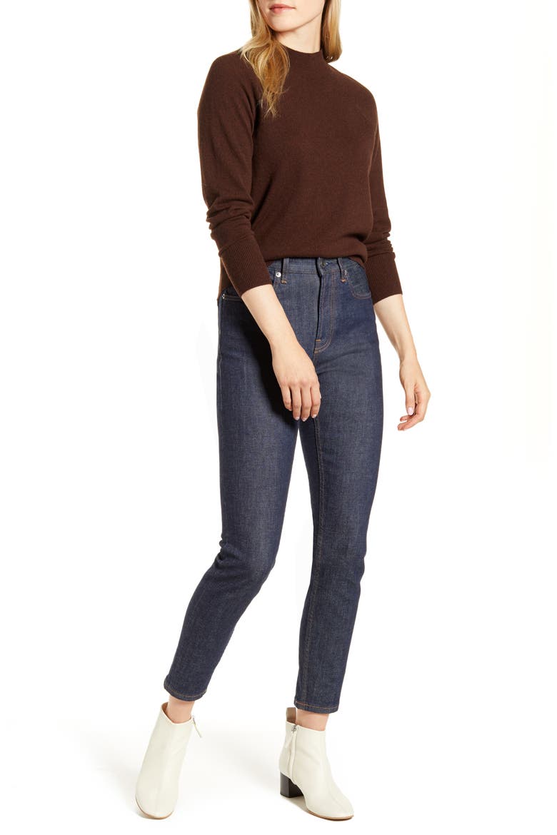 The Cashmere Raglan Mock Neck Sweater, Alternate, color, HEATHER BROWN