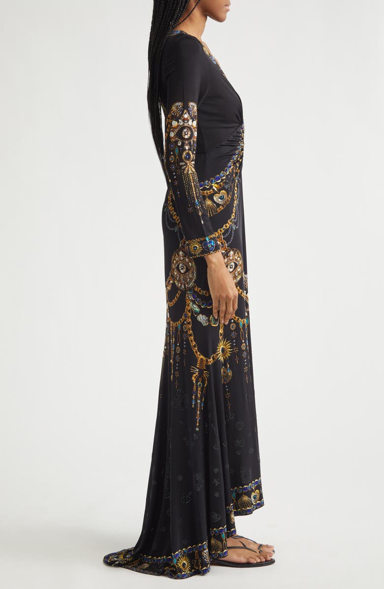 Camilla Amulets & Alchemy Print Gathered Long Sleeve Jersey Dress with Train, Alternate, color, Amulets And Alchemy