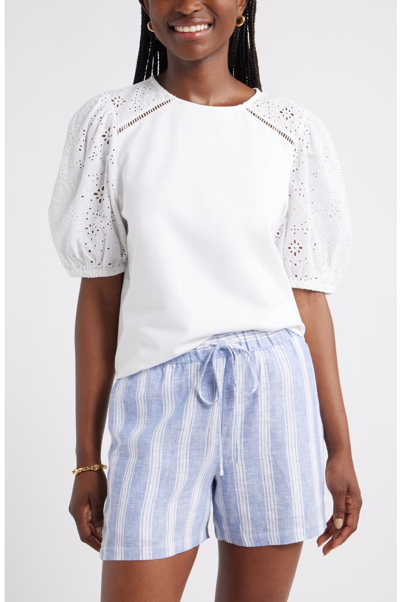 Eyelet Embroidered Puff Sleeve Top, Main, color, WHITE