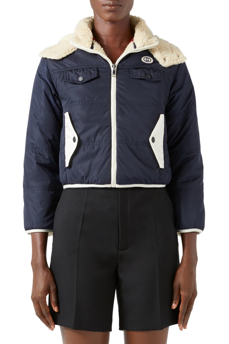 GG Patch Reversible Faux Shearling & Nylon Jacket, Main, color, INK/ MILK
