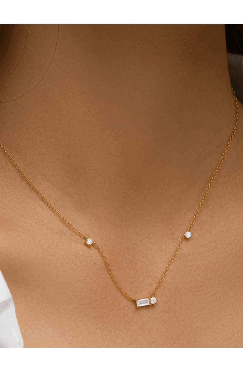 Hollywood Sensation Starluxe Delicate Necklace with Three Round Cut and One Emerald Cut Cubic Zirconia Stones-Crystal Dream Necklace, Alternate, color, Gold