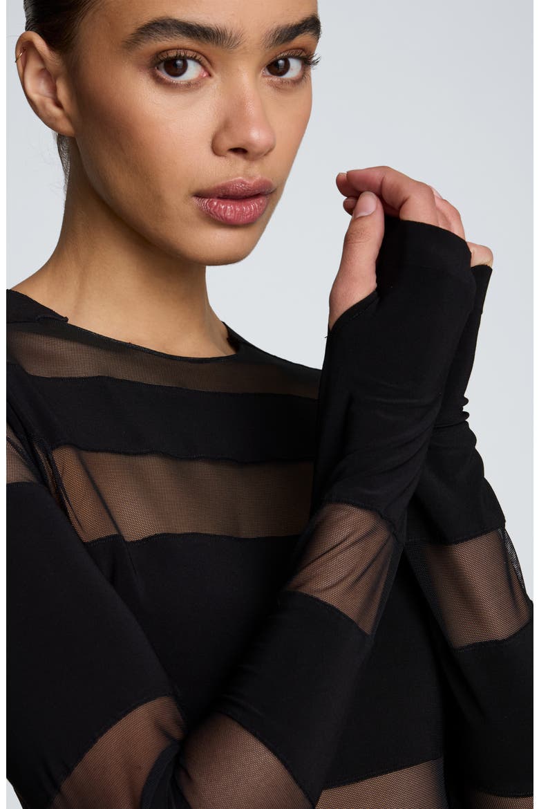 Long Sleeve Sheer Stripe Minidress, Alternate, color, BLACK