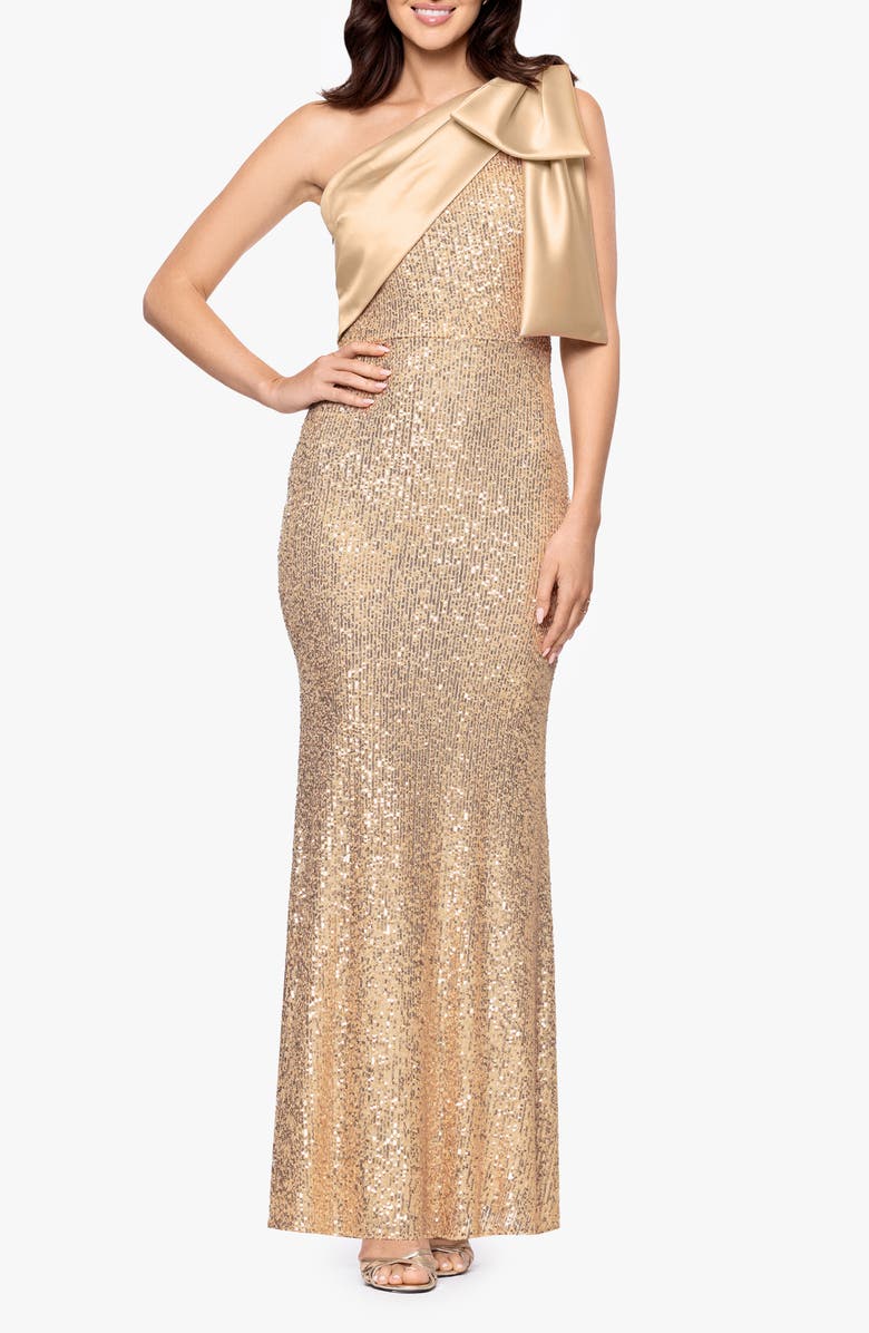 Betsy & Adam Sequin Bow One-Shoulder Column Gown, Main, color, Champagne