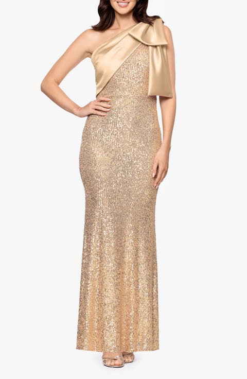 Sequin Bow One-Shoulder Column Gown
