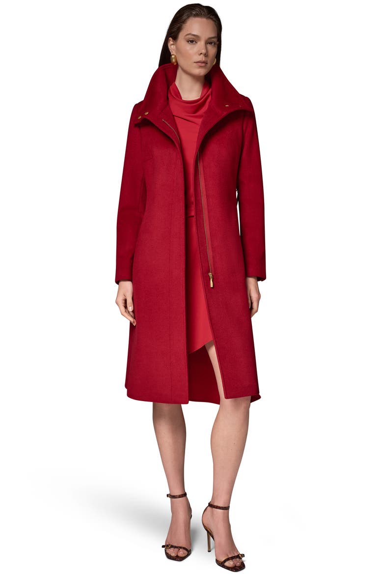Belted Funnel Neck Wool Blend Coat, Alternate, color, METRO RED