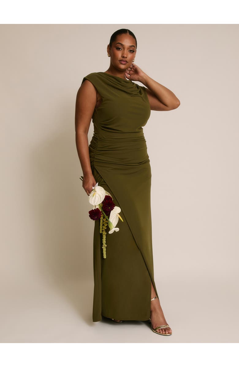 Six Stories Cowl Gathered Short Sleeve Bridesmaid, Alternate, color, Fern