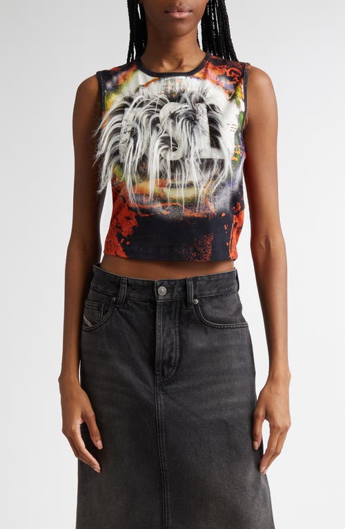 DIESEL® Graffiti Crop Tank with Faux Fur Trim in Deep Black 