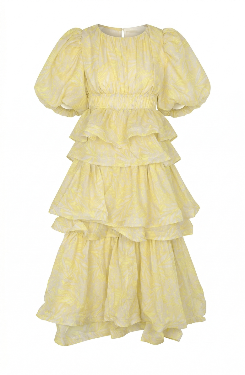 Modenaire Puff Sleeve Tiered Ruffle Midi Dress, Alternate, color, Pale Yellow