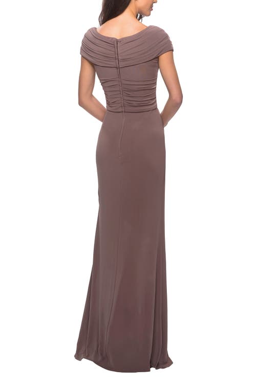 La Femme Ruched Jersey Long Gown With V-neckline In Cocoa