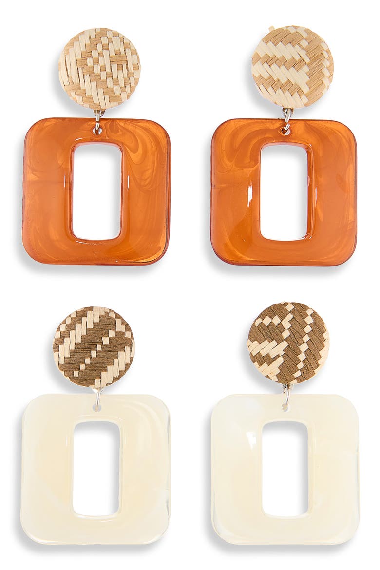 Set of 2 Door Knocker Earrings, Main, color, BROWN/ CREAM