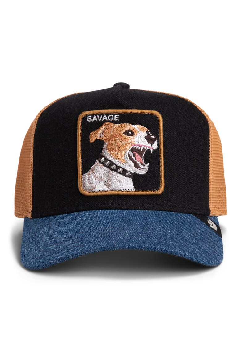 Savage Dawg Patch Denim Snapback Trucker Hat, Alternate, color, BLACK DENIM