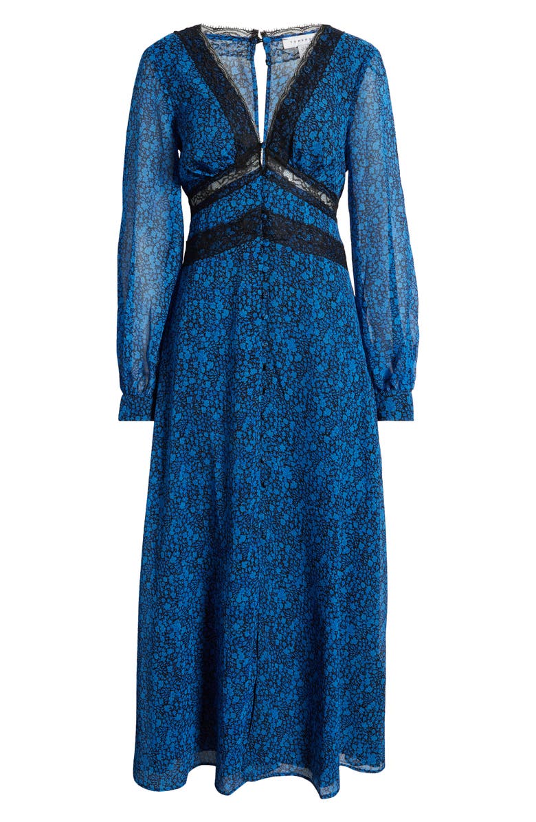 Topshop Floral Long Sleeve Button-Up Midi Dress, Alternate, color, Mid Blue