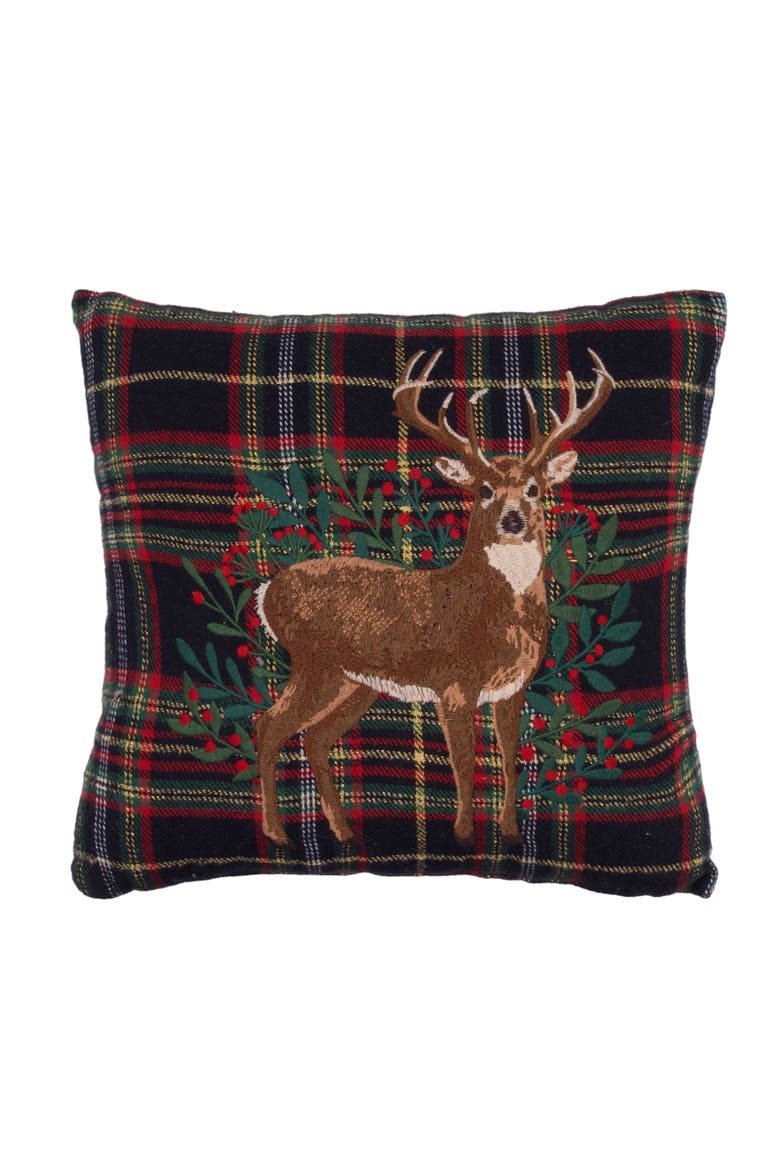 Embroidered Deer On Botanical Berries Plaid Christmas Throw Pillow 12" x 12", Main, color, Red