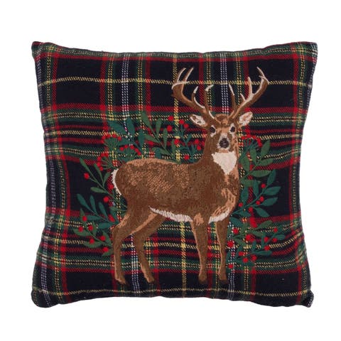 Embroidered Deer On Botanical Berries Plaid Christmas Throw Pillow 12" x 12"