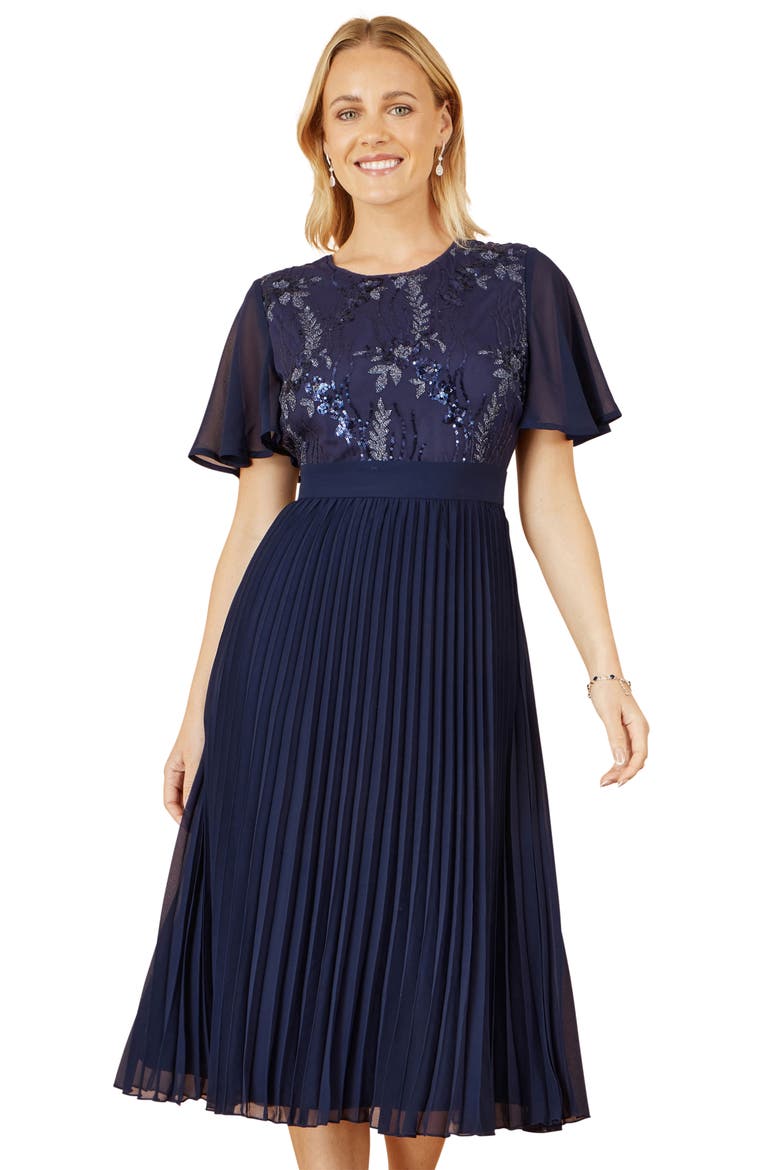 Sequin Embellished Pleated Midi Dress, Alternate, color, Navy