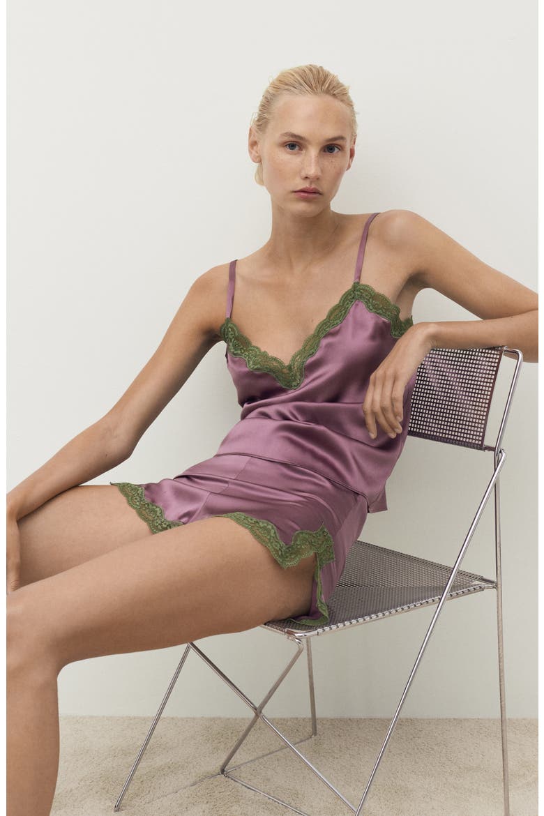 Contrast Lace Silk Camisole, Alternate, color, PLUM