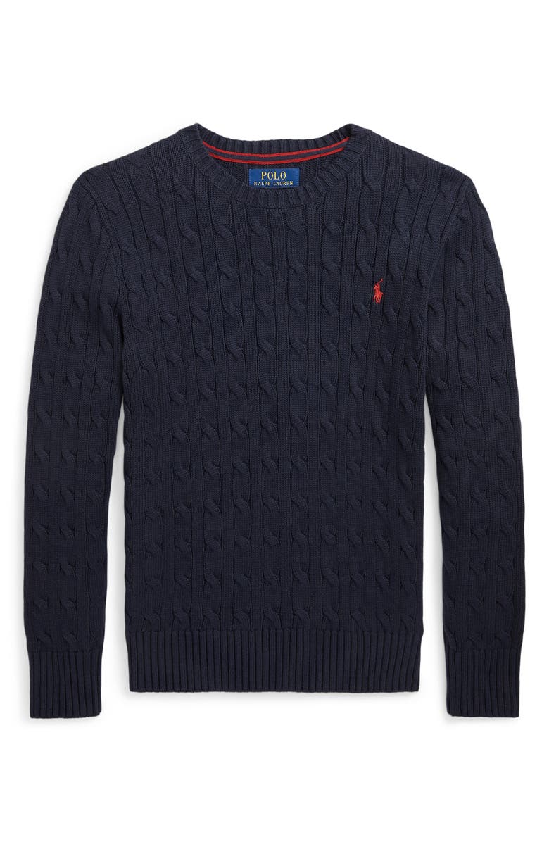 Polo Ralph Lauren Kids' Cabled Cotton Crewneck Sweater, Main, color, Navy