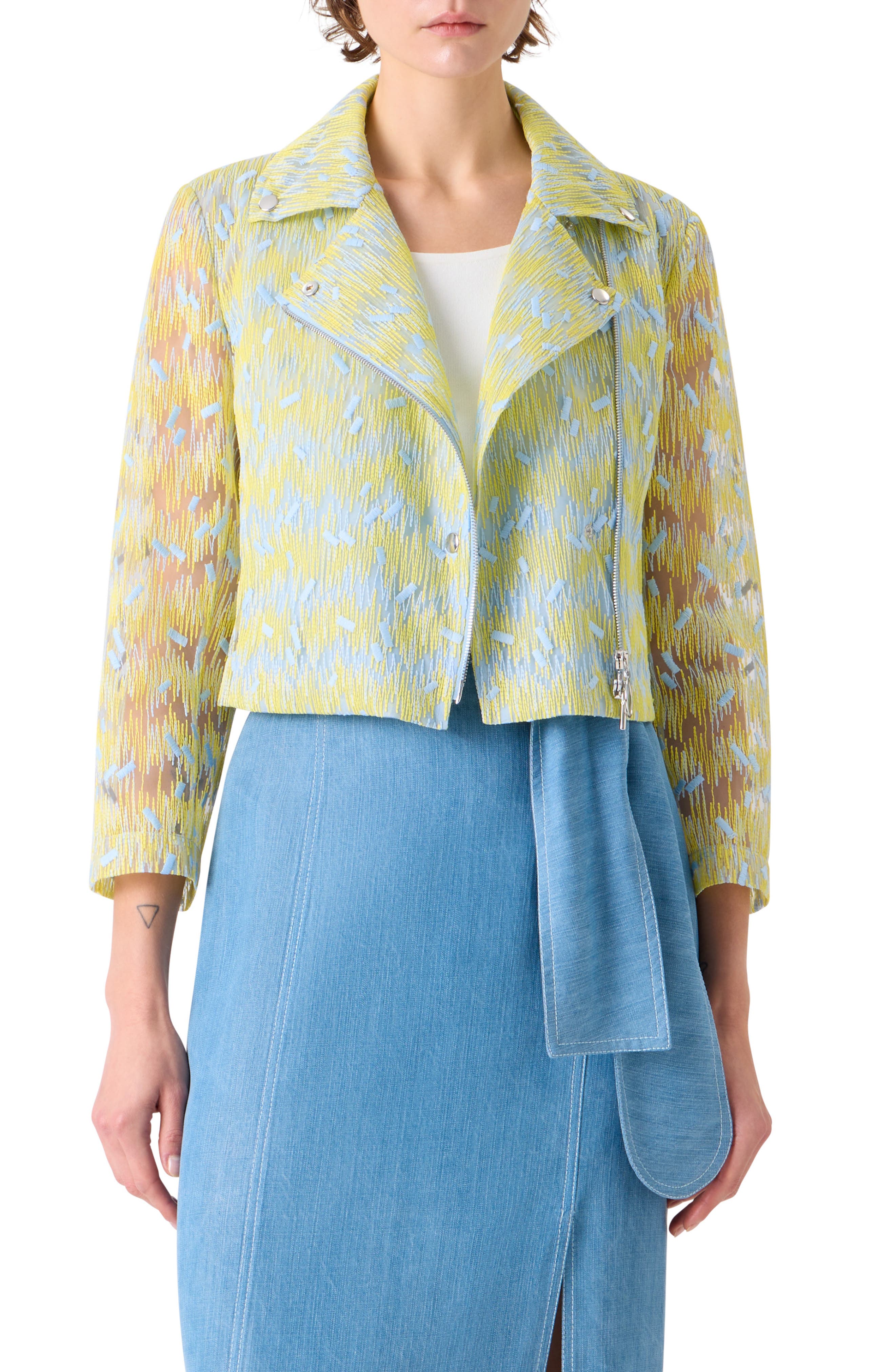Scribble Embroidered Sheer Tulle Biker Jacket
