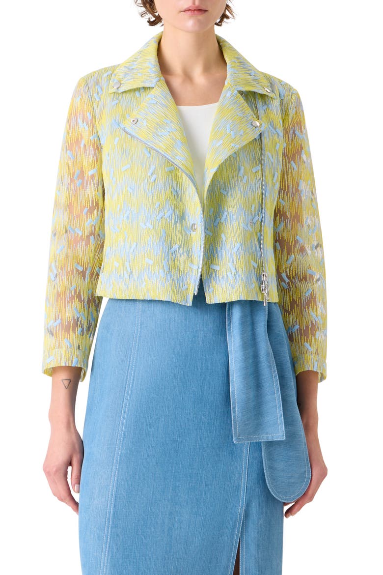 Scribble Embroidered Sheer Tulle Biker Jacket, Main, color, LEMON ZING-SKY BLUE