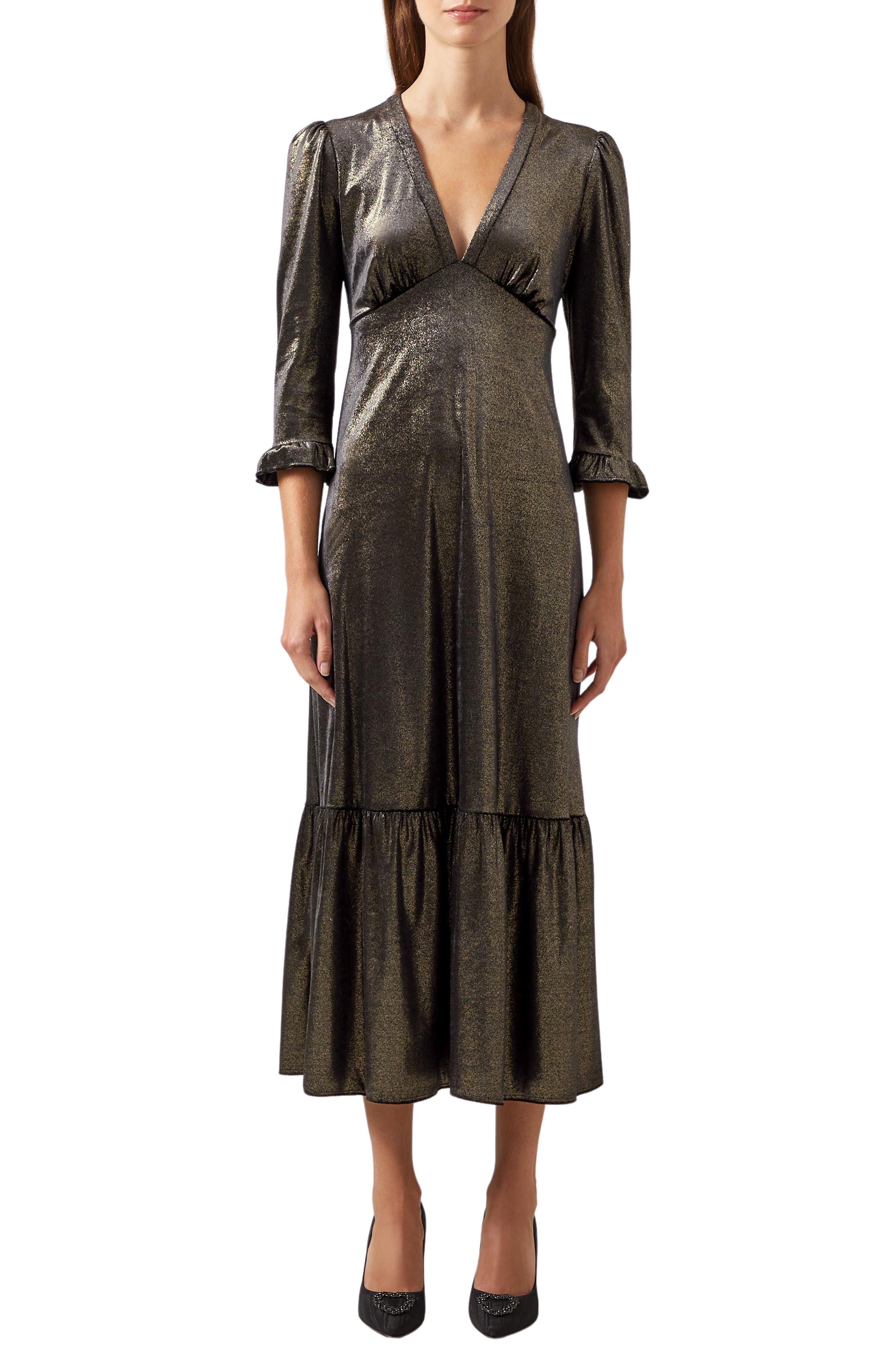 LK Bennett Deborah Plunge Neck Metallic Dress in Gold 