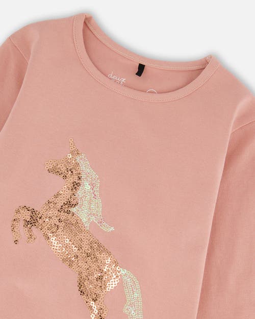 Deux Par Deux Organic Cotton Long Sleeve T-shirt With Sequin Unicorn In Pink